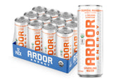 ARDOR ENERGY Tropical Mango cans show a refreshing, zero-calorie energy option for focus.