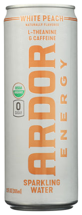 ARDOR water sparkling energy white peach bottle ready for a busy day