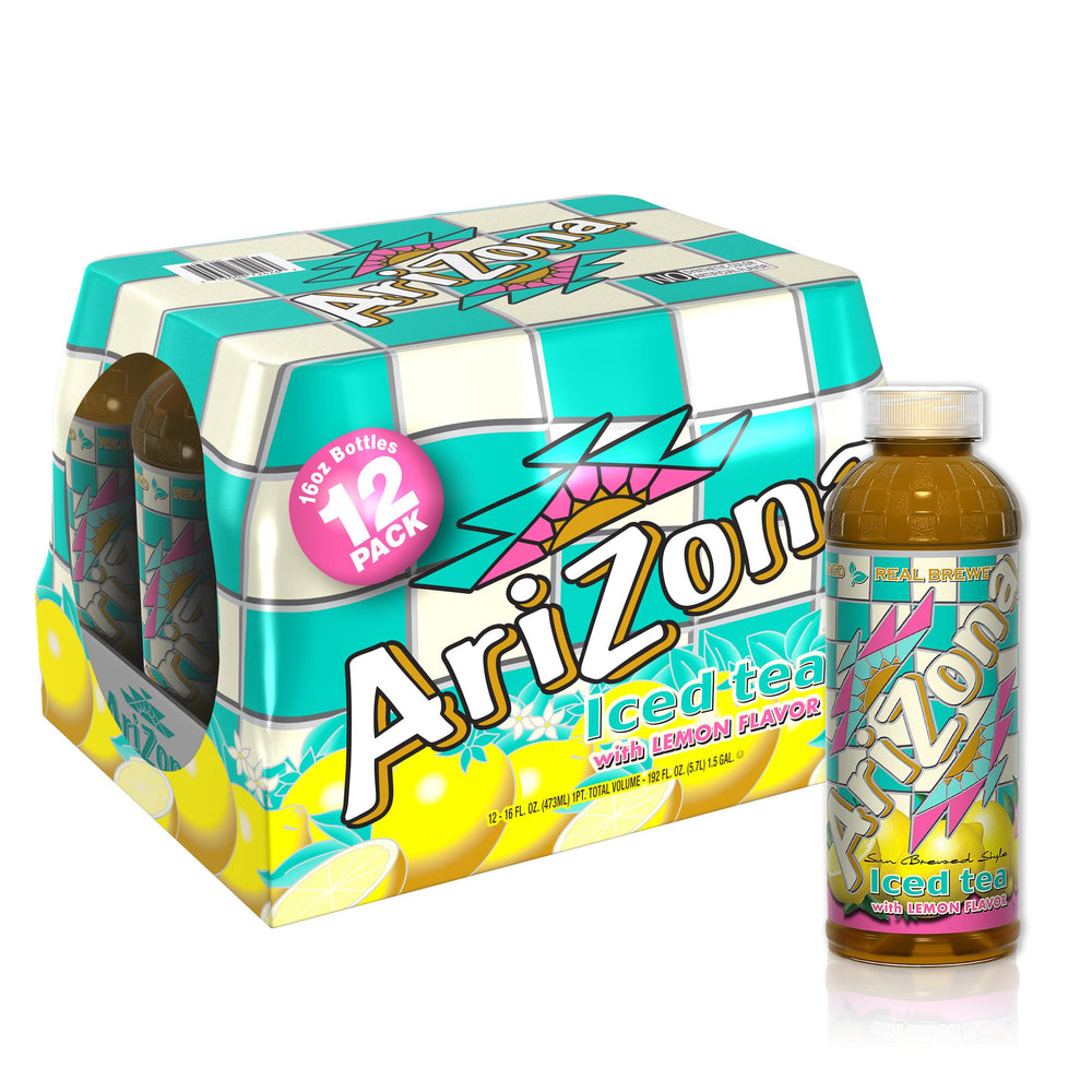 AriZona Lemon bottle 16oz for quick fridge refreshment and on-the-go thirst.