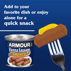Open can of Armour Star Vienna sausage releasing smoky aroma for an appetizer