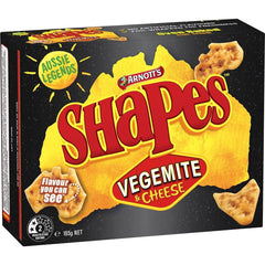Arnotts Shapes Vegemite 165g pack shot, savory snack for family moments.