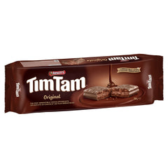 Arnott's Tim Tam Original pack close-up, showcasing the classic chocolate sandwich biscuits for tea-time indulgence.