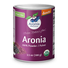 Aronia Original organic powder jar showing antioxidant-rich aronia berries.