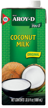 Aroy-D coconut milk six-pack in BPA-free cartons for dairy-free cooking and baking.