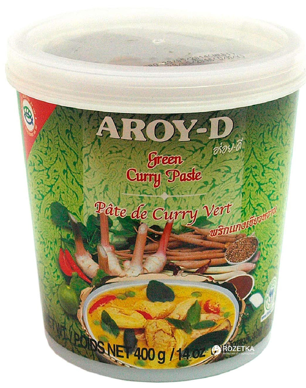 Aroy-D green curry paste 14oz bottle, ready to flavor Thai-inspired meals.