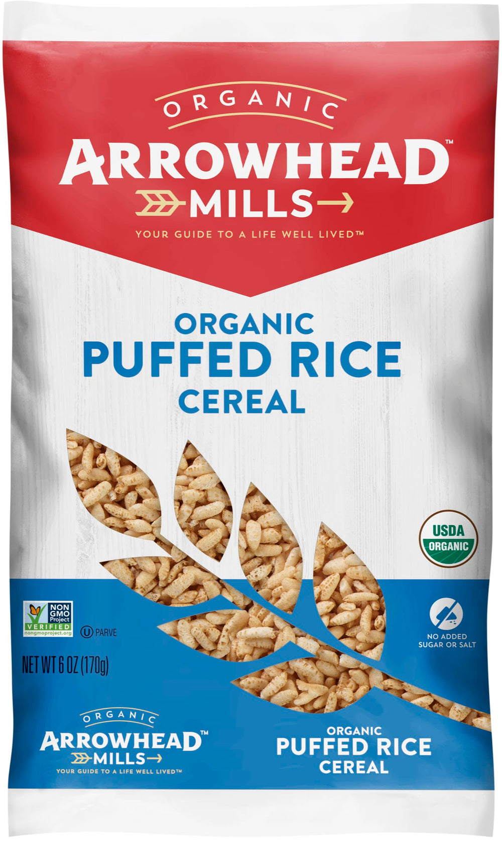 Arrowhead Mills puffed rice cereal bag; gluten-free breakfast option.