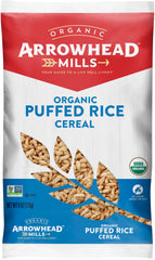 Arrowhead Mills puffed rice cereal bag; gluten-free breakfast option.