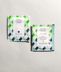 Closeup of Art of Tea sachet showing compostable plant-based packaging.
