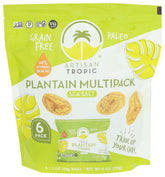 Artisan Tropic Plantain Strips Sea Salt packaging highlights a vegan, gluten-free snack option.