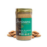 Artisana Organics raw almond butter jar front showing pure single-ingredient almonds