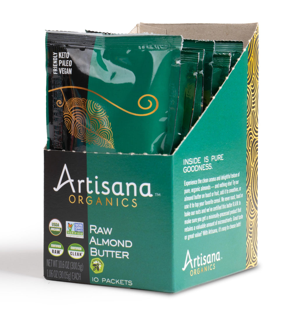 Artisana Organics raw almond butter snack pack 10-count, ideal for on-the-go snacking.