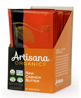 Artisana Raw Cashew Butter pouch closeup emphasizing pure cashews for on-the-go snacking