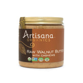 Artisana raw walnut butter jar shows two-ingredient purity for quick, wholesome snacking.