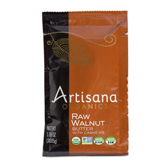 Artisana Walnut Butter raw nuts closeup emphasizes single-serve vegan delight.