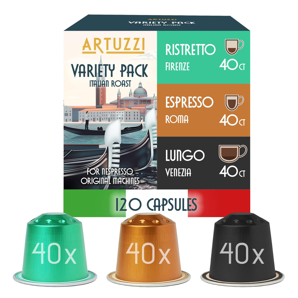 Artuzzi 120ct variety pack of Nespresso pods for Original machines, convenient daily espresso.