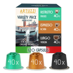 Artuzzi 120ct variety pack of Nespresso pods for Original machines, convenient daily espresso.