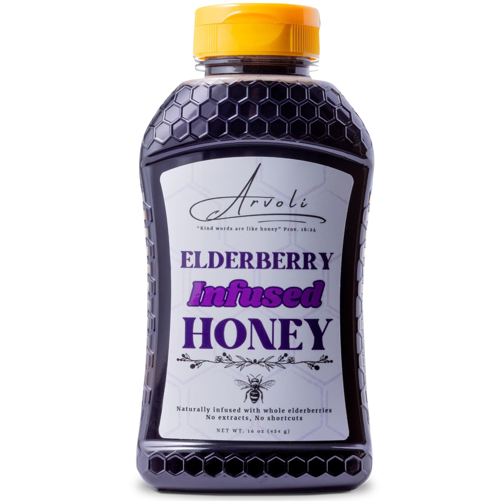 Arvoli Elderberry Honey 16oz bottle, smooth berry flavor great for tea or toast.