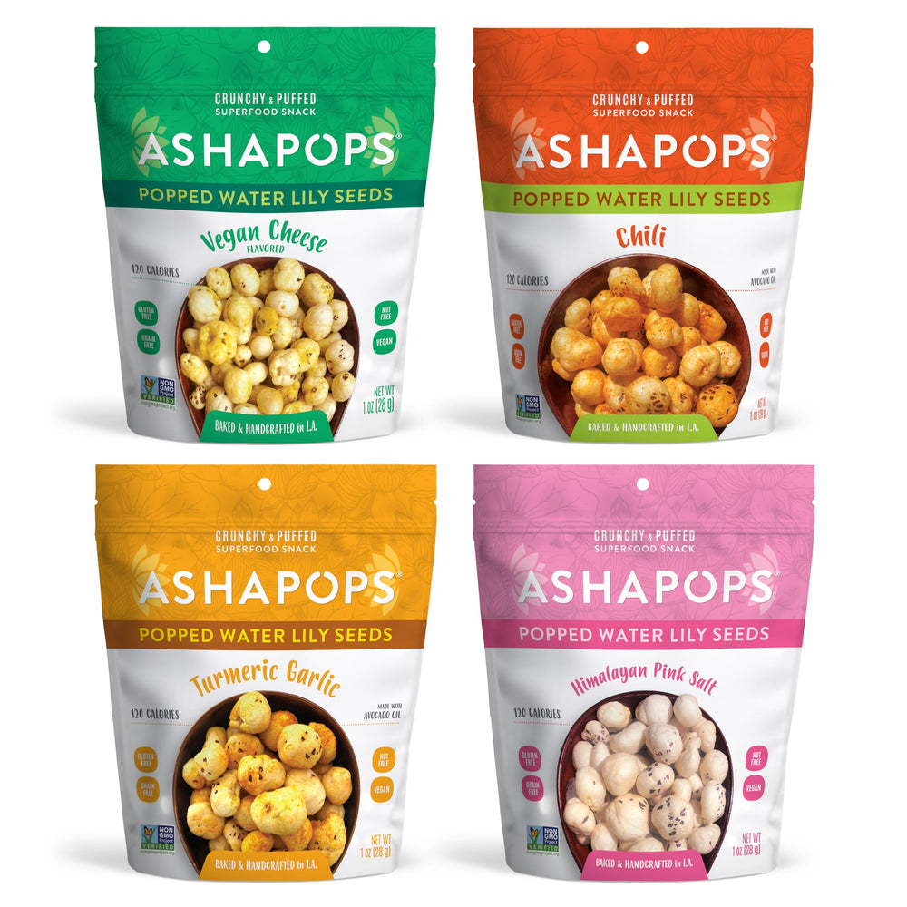 AshaPops variety-pack front view shows assorted gluten-free vegan snacks
