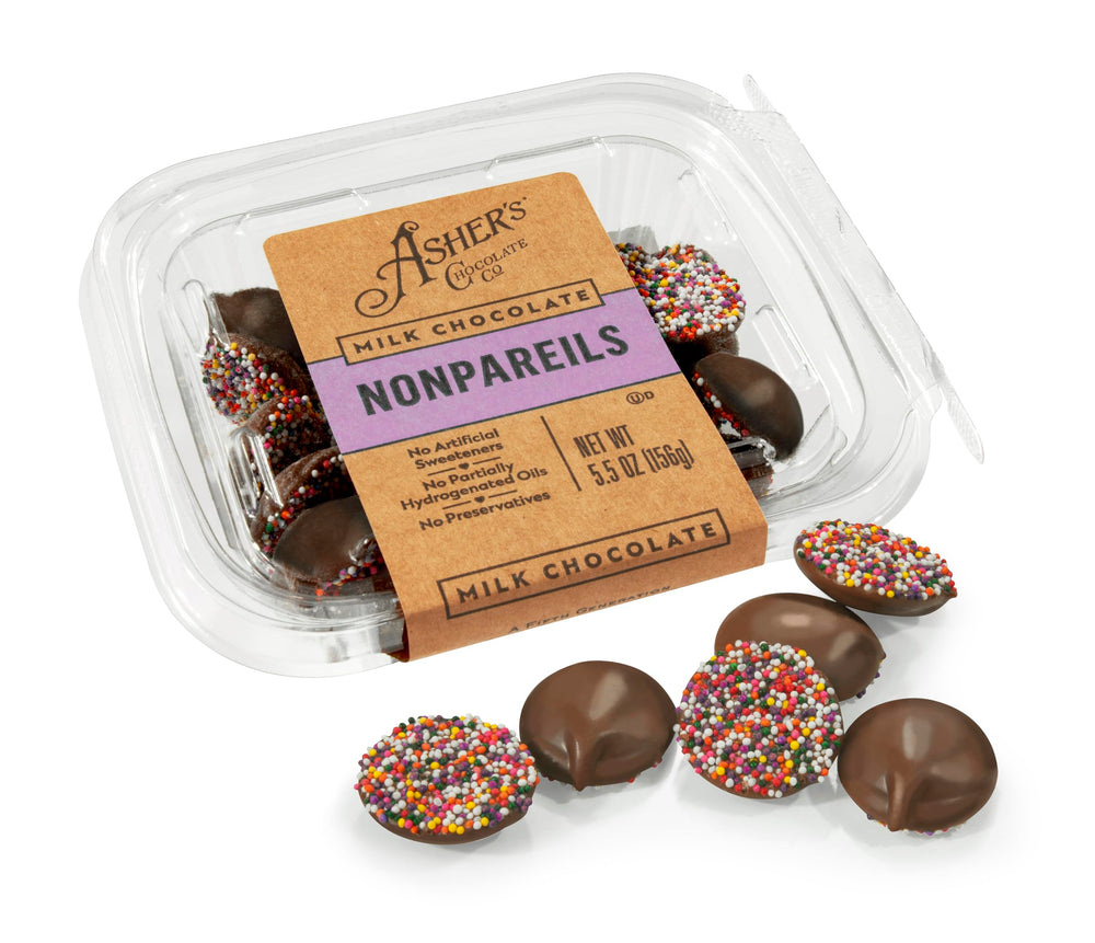 Asher's Chocolates milk chocolate nonpareils with crisp sprinkles, ideal for sharing