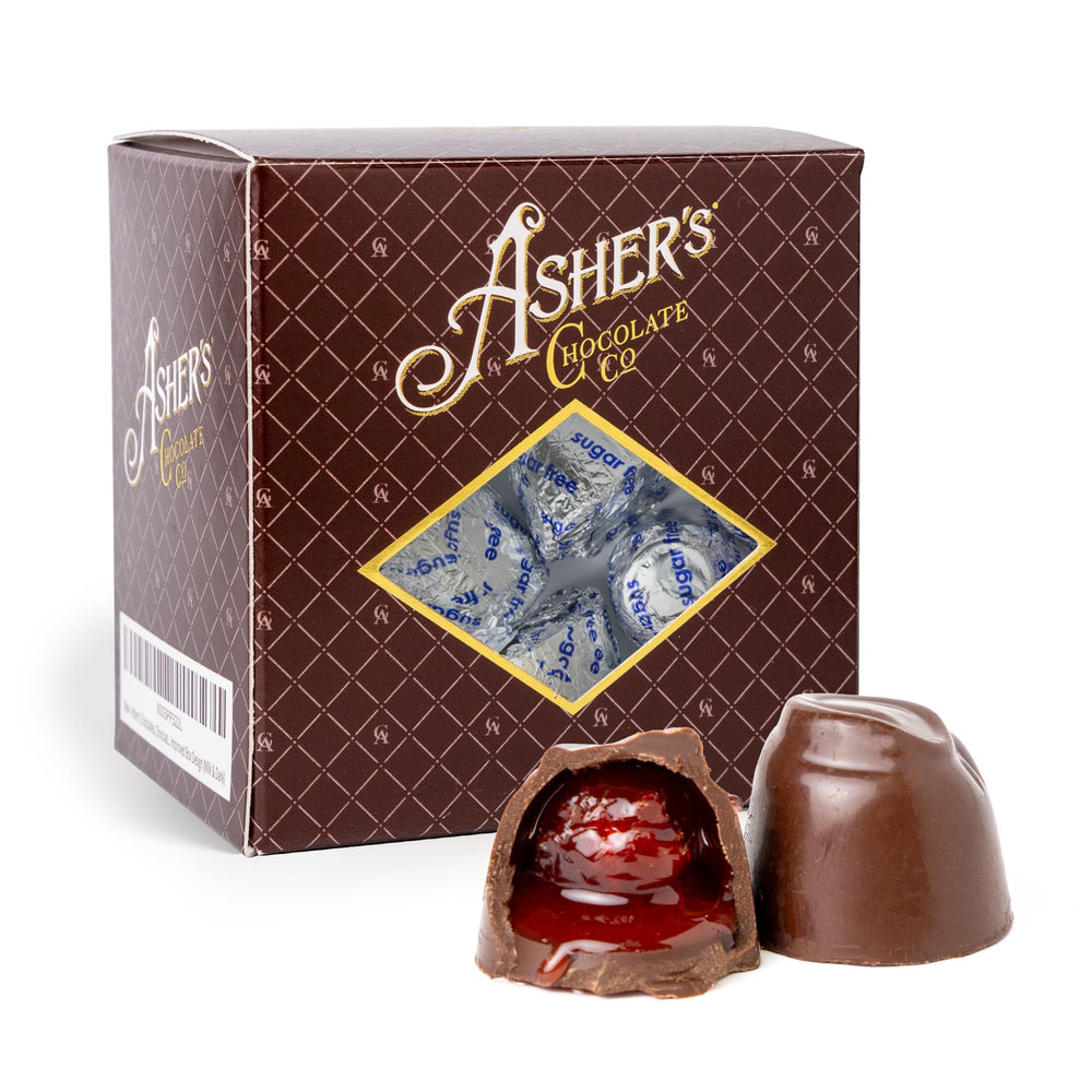 Asher's Chocolates sugar-free cherry cordials in an elegant gift box, ideal for mindful gifting.