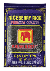 Asian Best Riceberry Rice packaging shows a 5 lb bag with purple kernels.