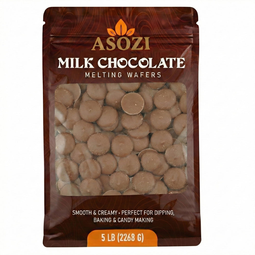 ASOZI milk chocolate wafers in a bulk bag for convenient, ready-to-use baking.