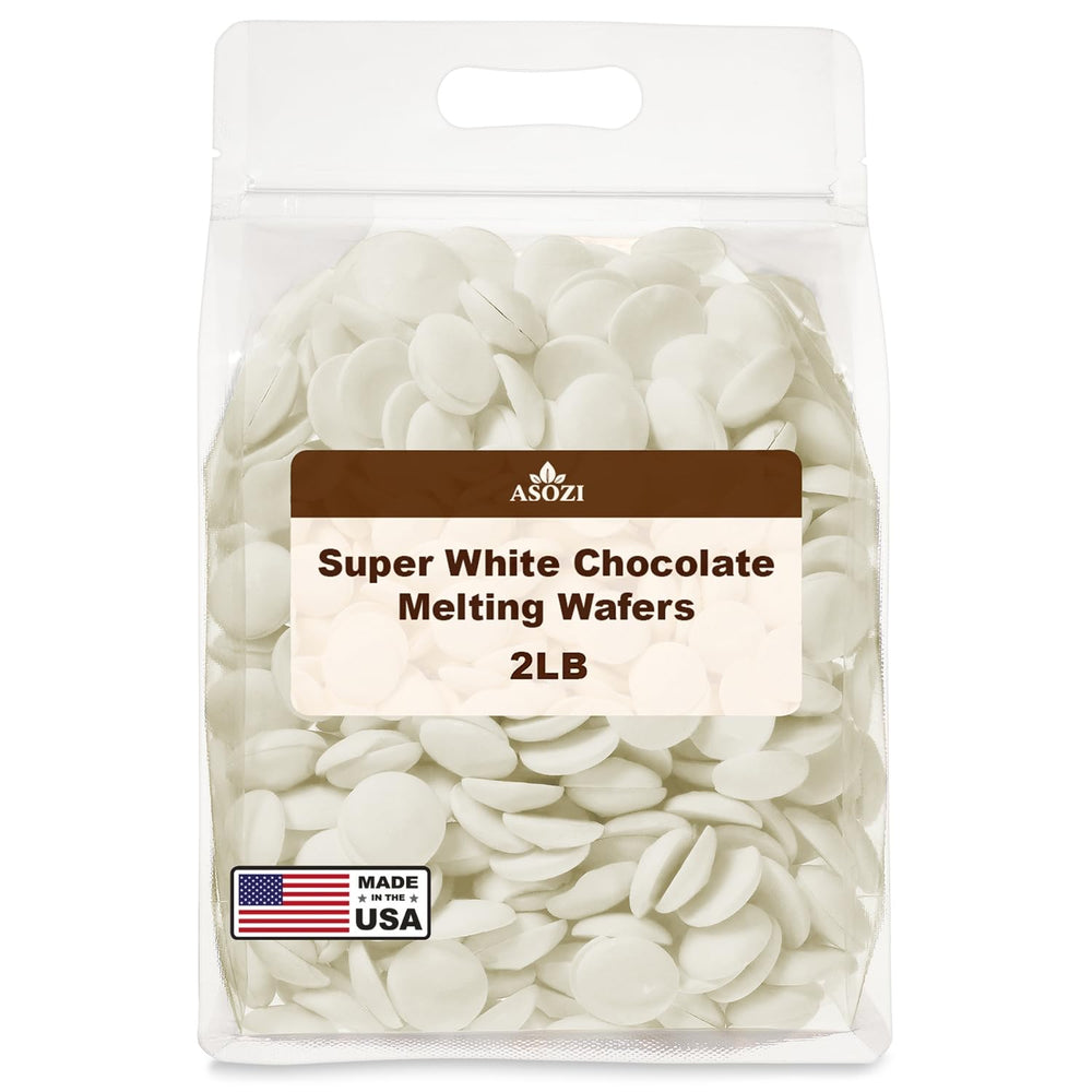 ASOZI Super White Chocolate Wafers bag closeup showing smooth melt for confections.