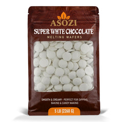 ASOZI Super White Chocolate Wafers in a 5lb bulk bag ideal for baking and coating.
