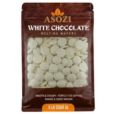 ASOZI white chocolate melts bag front for easy baking and freshness.