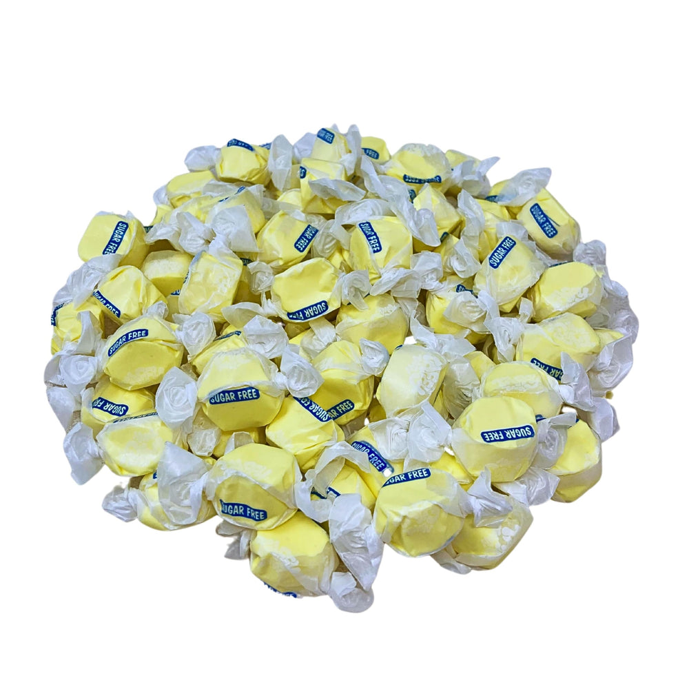 Assortit sugar-free banana taffy 1lb bulk bag with individually wrapped pieces for easy sharing.
