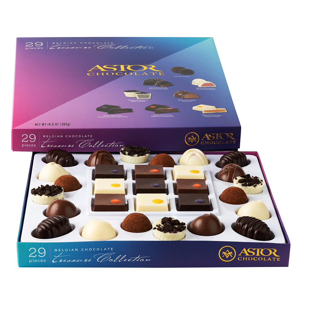ASTOR gourmet chocolate truffles gift box with 29 Belgian chocolates, ideal for gifting.