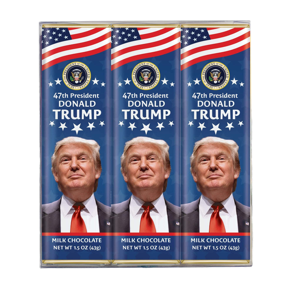 ASTOR President Trump milk chocolate bar 3-pack in hand-wrapped packaging.