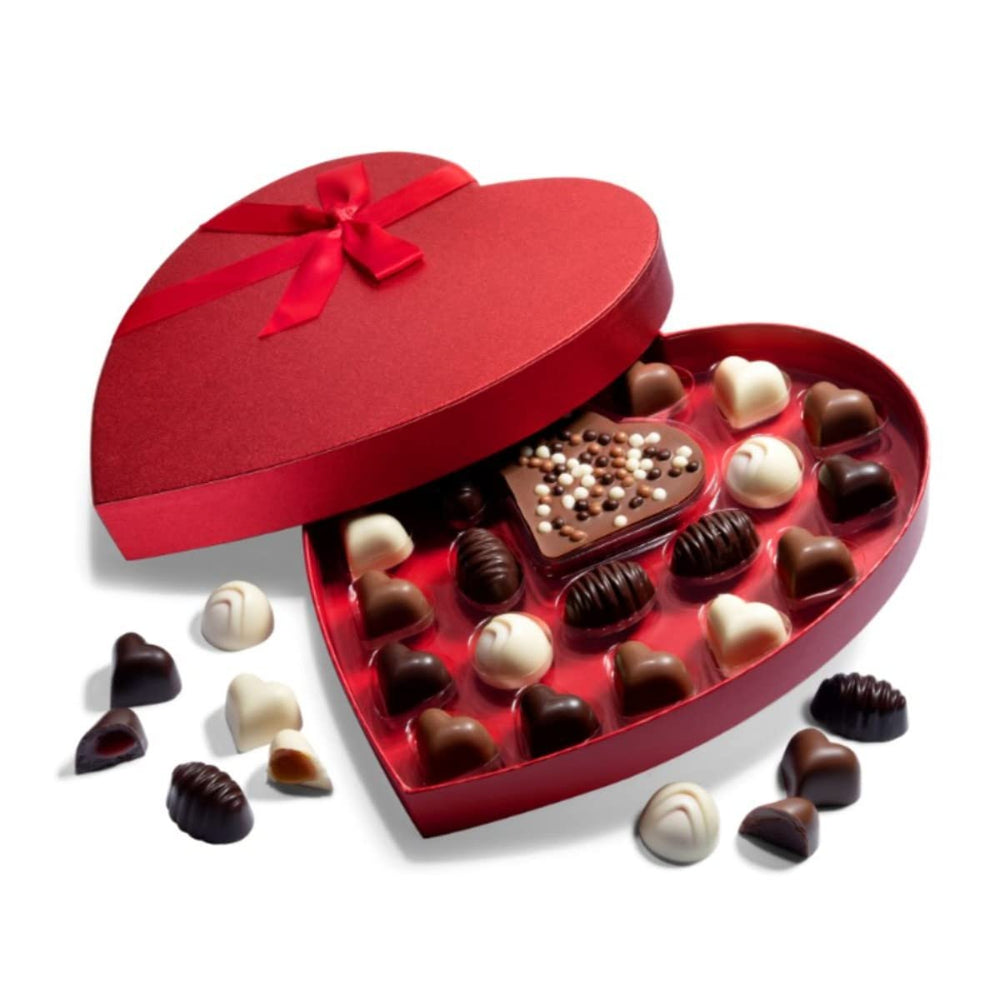 ASTOR valentines chocolate candy heart box with red shimmer, ideal romantic gift