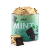 ASTOR vegan dark chocolate mint square in foil wrap, ideal for on-the-go snacking.