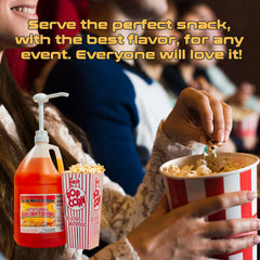 Gallon bottle of At-The-Movies-Popcorn topping ready to use after opening