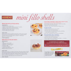 Athens Foods Mini Fillo Shells close-up shows crispy, ready-to-fill shells for sweet or savory fillings.