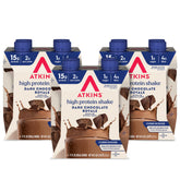 Atkins Dark Chocolate Royale shake bottle pour showing convenient protein on the go