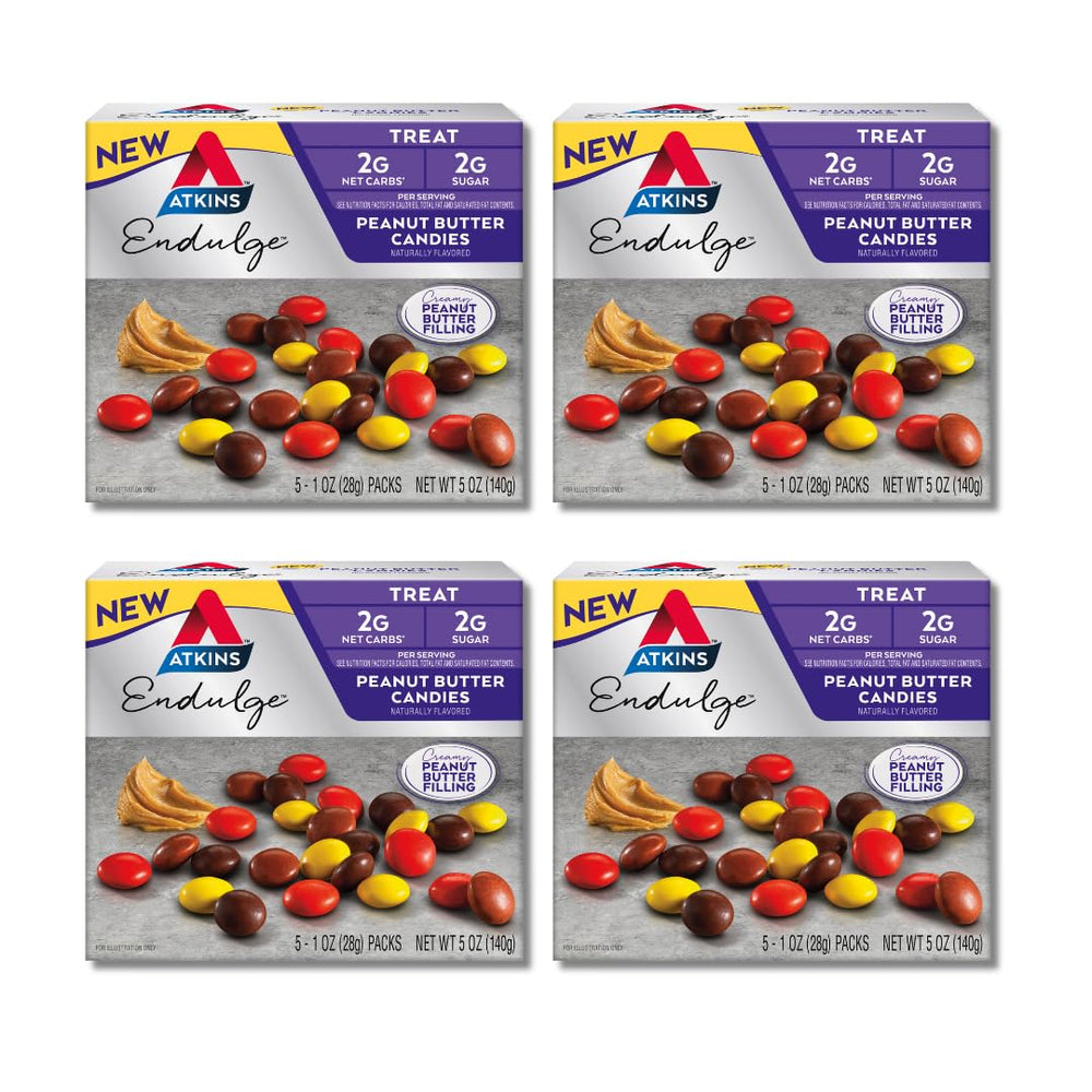 Atkins Endulge Peanut Butter Candies packaging with six-carton display for easy stocking