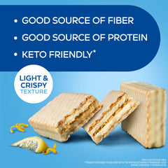 Atkins Lemon Creme wafer crisps lemon slice, vivid citrus aroma enhances snacking.