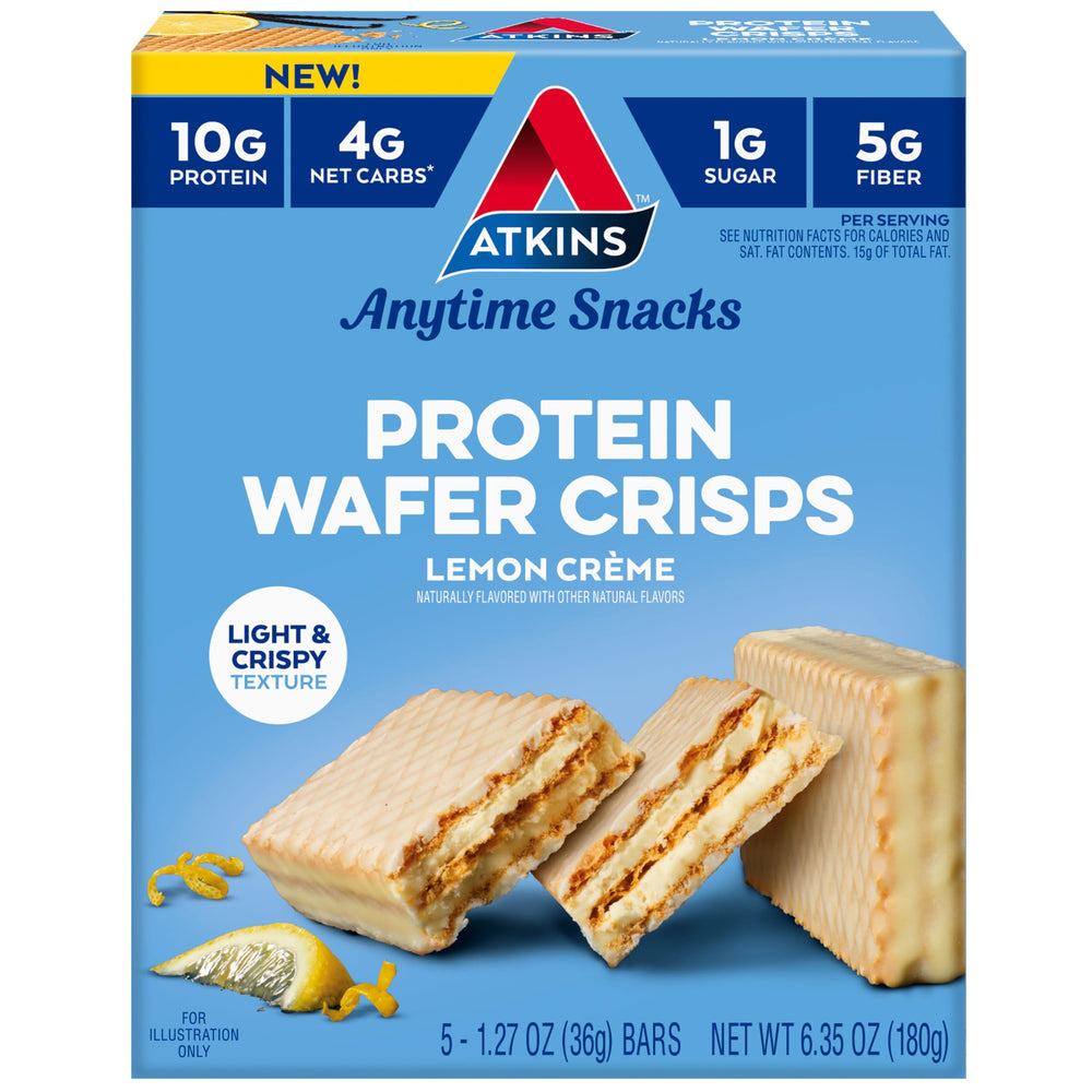 Atkins Lemon Creme wafer crisps pack, convenient protein snack for busy days.