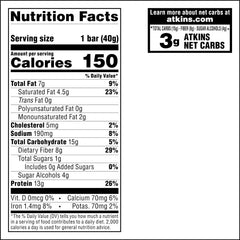 Atkins Lemon Snack Bar nutrition panel shows 13g protein and low net carbs