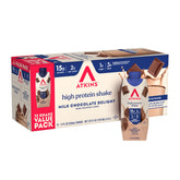 Atkins Milk Chocolate Delight shake bottle pour highlights low-sugar protein