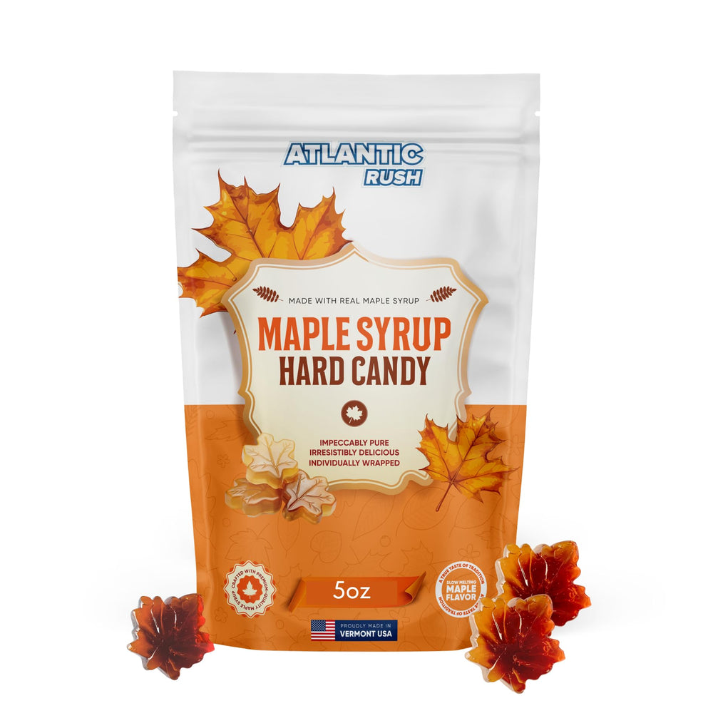 Atlantic Rush Real Maple Leaf Drop Candy 5oz bag close-up with VT maple flavor.