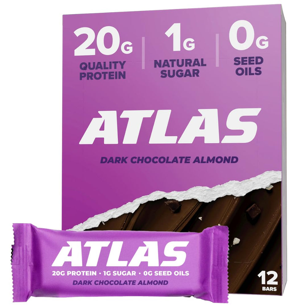 Atlas Bar dark chocolate packaging showing protein and sugar details for on-the-go fuel.