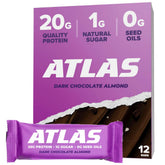 Atlas Bar dark chocolate packaging showing protein and sugar details for on-the-go fuel.
