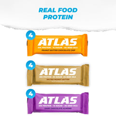 Atlas Protein Bar texture close-up illustrating 20g protein and fiber-rich composition.