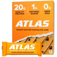 Atlas Real Food Protein Bar packaging featuring peanut butter chocolate chip flavor for on-the-go snacking