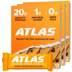 Atlas Real Food Protein Bar front packaging shows peanut butter chocolate chip flavor for a quick protein snack