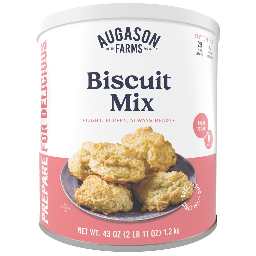 Augason Farms Biscuit Mix can in pantry for long-term meals