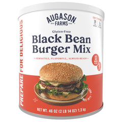 Augason Farms Black Bean Burger Mix can front displays gluten-free, protein-rich emergency staple.